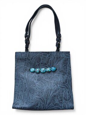 Paige Wallace Tooled Leather Tote, Turquoise Stones, Black & Grey